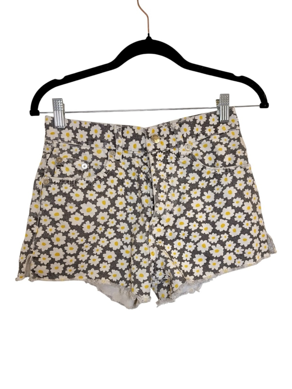 Zara Black White Daisy Print Distressed Denim Cutoff Shorts Y2K Size 2 - Picture 2 of 8